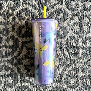 Starbucks Magnolia Floral Purple Tumbler Cup with Yellow Straw (24 oz)